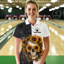 Load image into Gallery viewer, Person wearing a custom shirt with a skull and sunflower design in a bowling alley.
