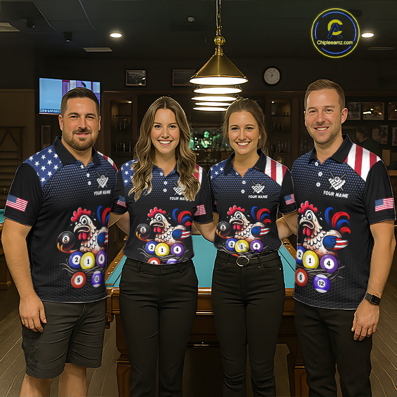 Custom Funny American Flag Chicken Billiard Shirt for Men Billiard Jersey Polo & Quarter-Zip Pool Shirt BHT28