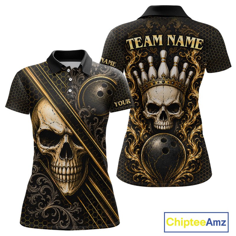 Custom black & gold skull crown bowling polo shirt, front and back views, bowling league jersey for women