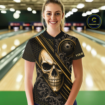 Woman wearing custom black and gold skull crown bowling 1/4 zip shirt, front view mockup, personalized bowling league jersey.