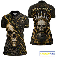 Load image into Gallery viewer, Custom black &amp; gold skull crown bowling quarter-zip shirt, front and back views, bowling league jersey for women