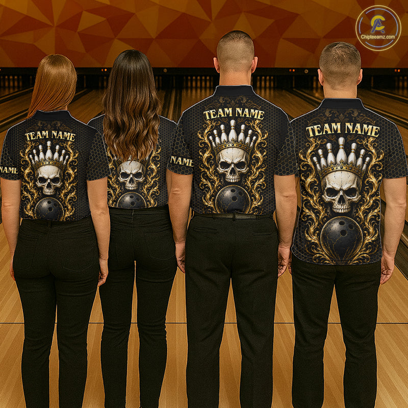 Bowling team wearing custom black & gold skull crown bowling shirts, group back view mockup, personalized team jerseys.