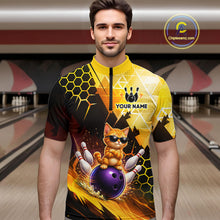 Load image into Gallery viewer, Man wearing a bowling jersey with a cat design in a bowling alley.