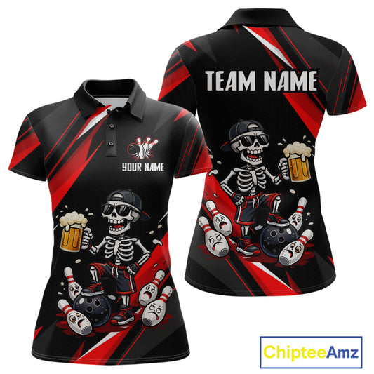 Funny Skeleton & Beer Bowling Shirt Custom Red Bowling Jersey Polo & 1/4 Zip Outfit for Women QZT830