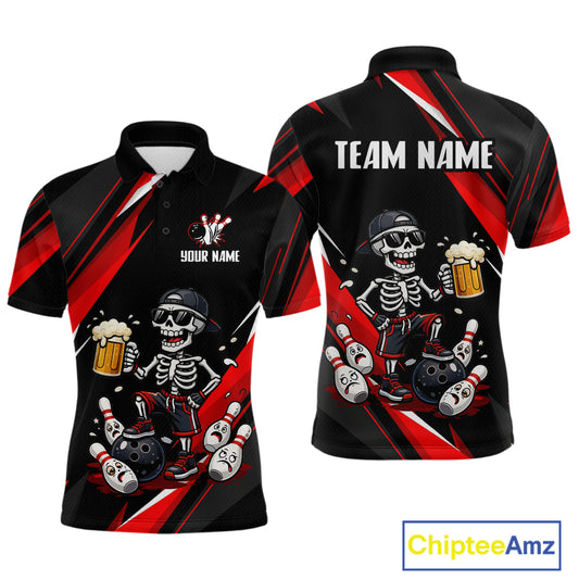 Funny Skeleton & Beer Bowling Shirt Custom Red Bowling Jersey Polo & 1/4 Zip Outfit for Men QZT830
