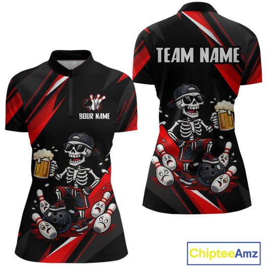 Funny Skeleton & Beer Bowling Shirt Custom Red Bowling Jersey Polo & 1/4 Zip Outfit for Women QZT830