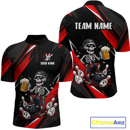 Funny Skeleton & Beer Bowling Shirt Custom Red Bowling Jersey Polo & 1/4 Zip Outfit for Men QZT830