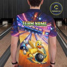 Load image into Gallery viewer, Person wearing a colorful bowling-themed shirt with a duck character in a bowling alley.