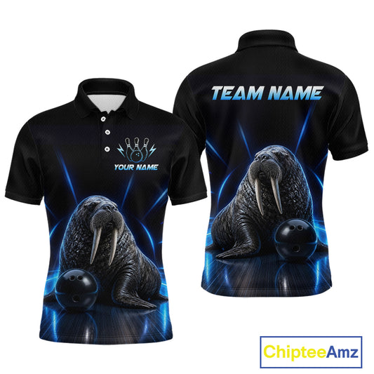 Black polo shirt with walrus design on front and back, customizable text, and Chiptee Amz branding.