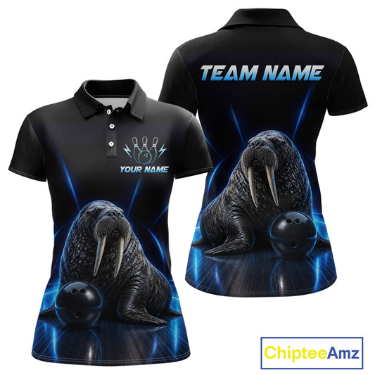Neon Blue Walrus Bowling Shirt for Women Bowling Jersey Polo & Quarter-Zip Outfit QZT1061