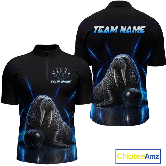 Black polo shirt with walrus design on front and back, customizable text areas, and Chiptee Amz branding.