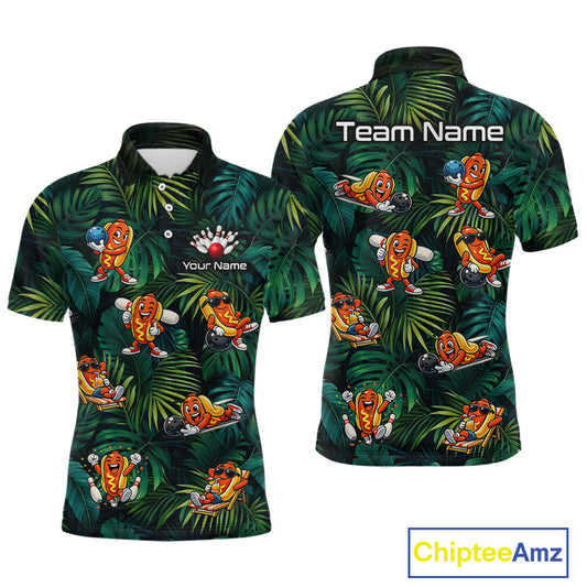 Polo shirt with cartoon character design on a tropical leaf pattern, featuring 'Team Name' and 'Your Name' text.
