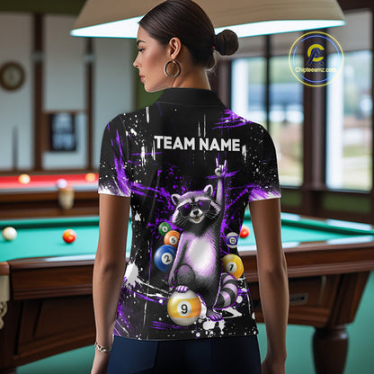 Custom Purple Funny Raccoon Billiard Shirt for Women 8 Ball & 9 Ball Pool Billiard Jersey Polo & 1/4-Zip BHT44
