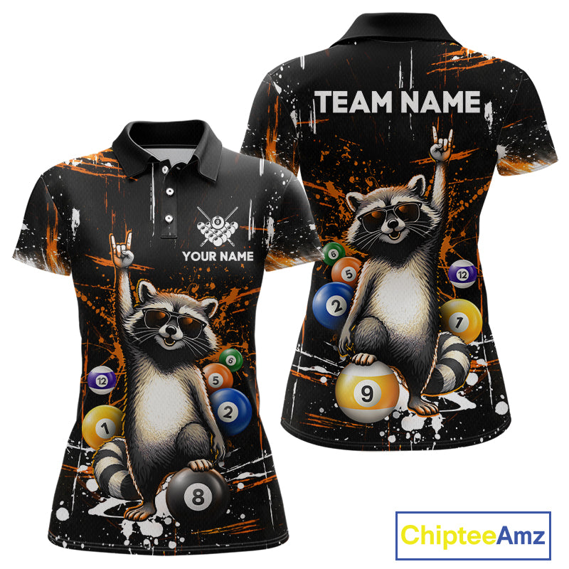 Polo shirt with raccoon design and pool balls, customizable text on a black background.
