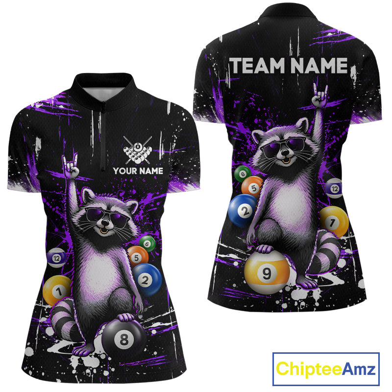 Black quarter-zip shirt with a raccoon design holding pool balls, customizable text, and Chiptee Amz branding.