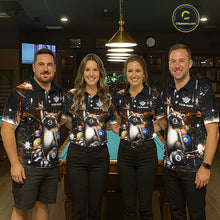 Load image into Gallery viewer, Four people wearing matching shirts with a raccoon and bowling ball design in a casual setting.