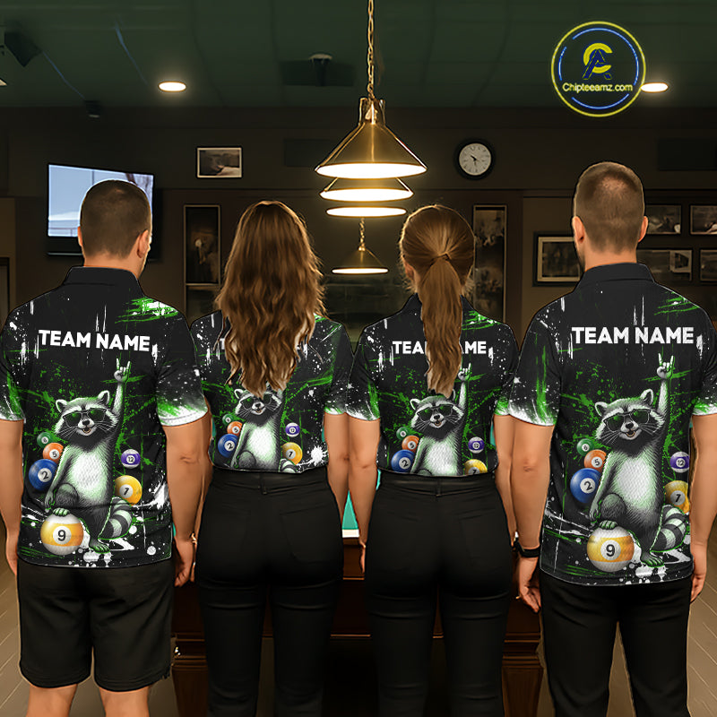 Four people wearing matching shirts with a raccoon design and 'TEAM NAME' text in a casual setting.