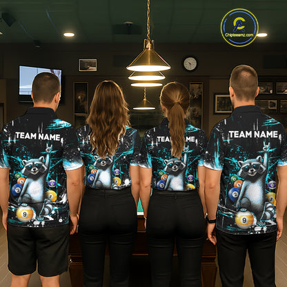 Custom Turquoise Funny Raccoon Billiard Shirt for Women 8 Ball & 9 Ball Pool Billiard Jersey Polo & 1/4-Zip BHT44