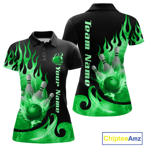 Green Flame Bowling Team Shirt for Women Bowling League Jersey Polo & 1/4 Zip Bowling Outfit QZT782