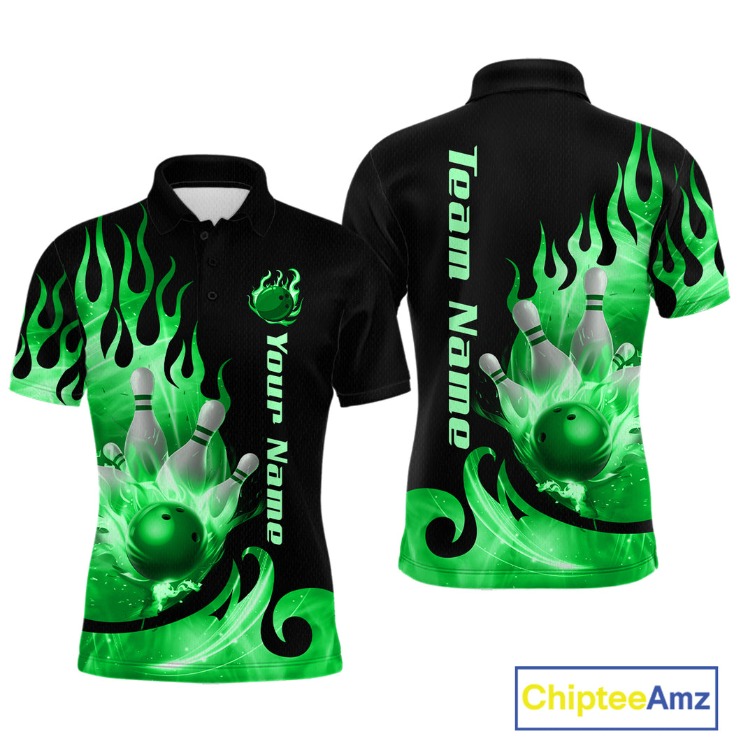 Green Flame Bowling Team Shirt for Men Bowling League Jersey Polo & 1/4 Zip Bowling Outfit QZT782