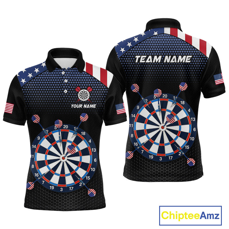 Front and back view of a custom patriotic dart polo shirt featuring an American flag dartboard graphic with personalized team name and player name.