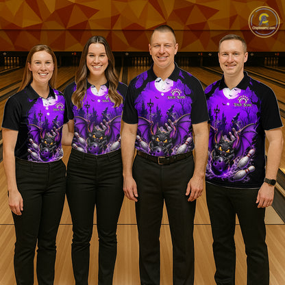 Four people standing in a bowling alley wearing matching black and purple bowling shirts with a bat graphic, paired with black pants. 