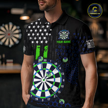 Load image into Gallery viewer, Male model wearing a custom black darts polo shirt featuring an green American flag star pattern, a large dartboard graphic, and customizable 'YOUR NAME' text on the chest
