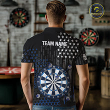 Load image into Gallery viewer, Back view of a male model wearing a custom black darts polo shirt featuring an American flag design, a large dartboard graphic, and 'TEAM NAME' printed in grey