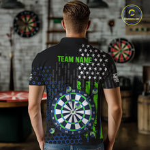 Load image into Gallery viewer, Back view of a male model wearing a custom black darts polo shirt featuring an green American flag design, a large dartboard graphic, and 'TEAM NAME' printed in green
