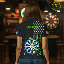 Load image into Gallery viewer, Back view of a female model wearing a custom black darts polo shirt featuring an American flag design, a large dartboard graphic, and 'TEAM NAME' printed in green