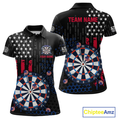 Custom darts polo shirt for women with American flag design and dartboard graphic, personalized team name and player name by ChipteeAmz