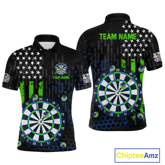 Custom darts polo shirt for men with green American flag design and dartboard graphic, personalized team name and player name by ChipteeAmz