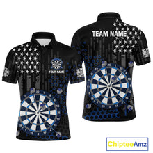 Load image into Gallery viewer, Custom darts polo shirt for men with grey American flag design and dartboard graphic, personalized team name and player name by ChipteeAmz