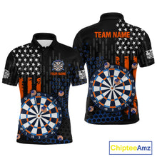 Load image into Gallery viewer, Custom darts polo shirt for men with American flag design and dartboard graphic, personalized team name and player name by ChipteeAmz