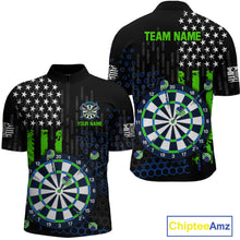 Load image into Gallery viewer, Custom darts quarter-zip jersey for men with green American flag design and dartboard graphic, personalized team name and player name by ChipteeAmz