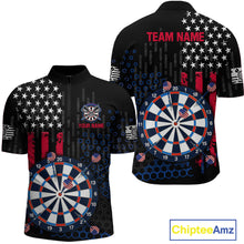 Load image into Gallery viewer, Custom darts quarter-zip jersey for men with American flag design and dartboard graphic, personalized team name and player name by ChipteeAmz