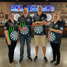 Load image into Gallery viewer, Group of four people in a sports bar wearing matching custom black darts team polo shirts featuring an green American flag and dartboard design.