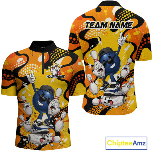 Colorful bowling jersey with cartoon characters and 'Team Name' text on a white background