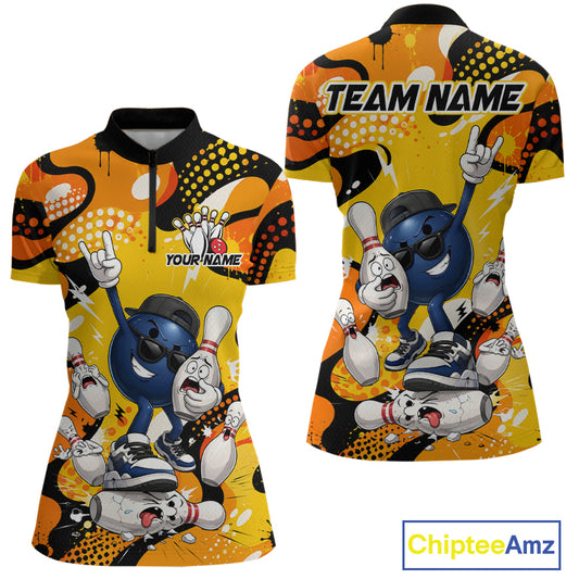 Colorful bowling-themed shirt with cartoon characters and customizable text on a white background.