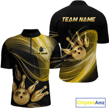 Load image into Gallery viewer, Bowling jersey with gold and black design featuring a bowling ball and pins, with 'Team Name' text on the back.