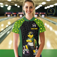 Load image into Gallery viewer, A woman stands in a bowling alley wearing a custom bowling shirt. The quarter-zip shirt features a black and green turtle shell pattern, a cartoon turtle graphic, and the text 'YOUR NAME'.