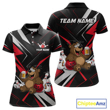 Load image into Gallery viewer, Black and red polo shirt with cartoon bear design and customizable text on a white background