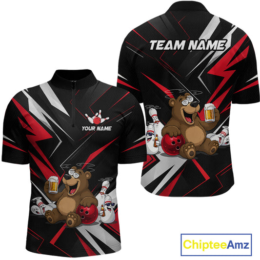 Black sports jersey with cartoon bear design and customizable text on a white background