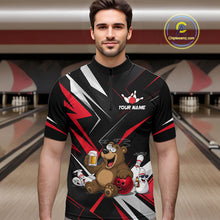 Load image into Gallery viewer, Man wearing a bowling jersey with a bear design in a bowling alley.