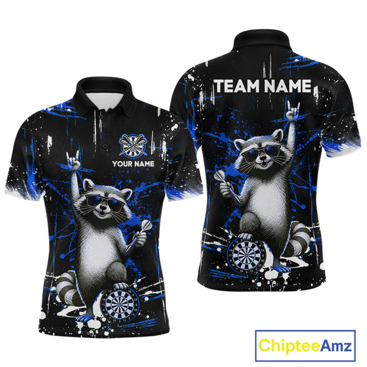 Custom Blue Funny Raccoon Dart Team Shirt for Men Dart Jersey Polo & /4-Zip Dartboard Shirt Outfit DHT29