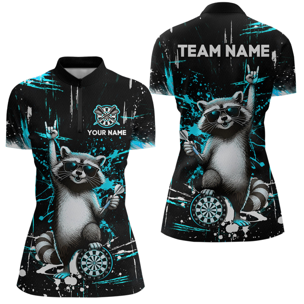 Custom Turquoise Funny Raccoon Dart Team Shirt for Women Dart Jersey Polo & /4-Zip Dartboard Shirt Outfit DHT29