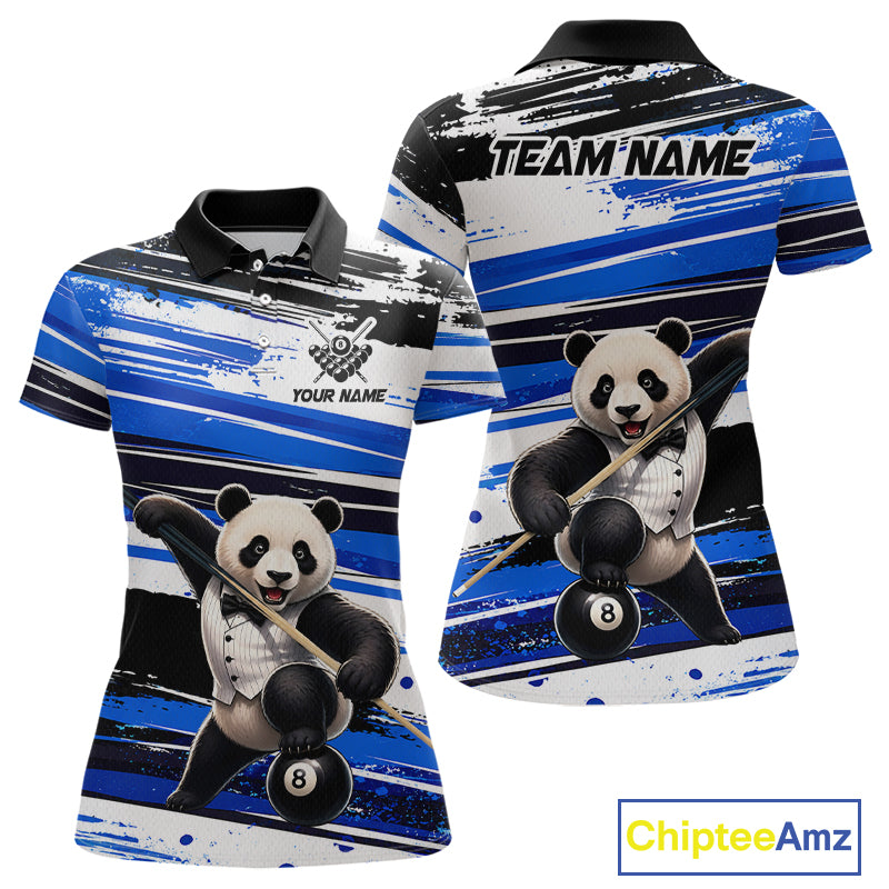 Polo shirt with panda design and customizable text on a blue and black striped background