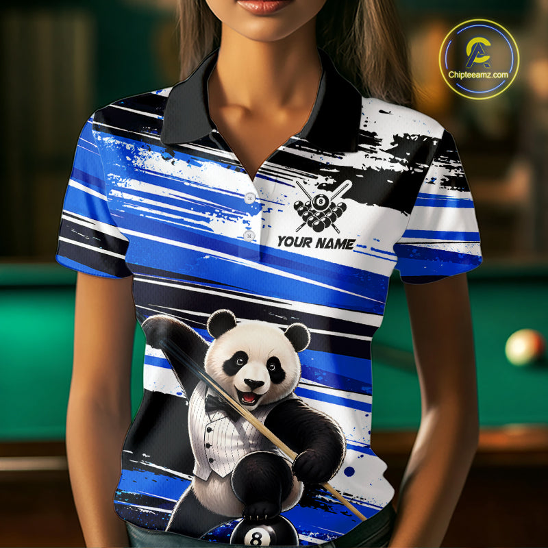 Person wearing a polo shirt with a panda holding a pool cue design, customizable text area, and pool table background.
