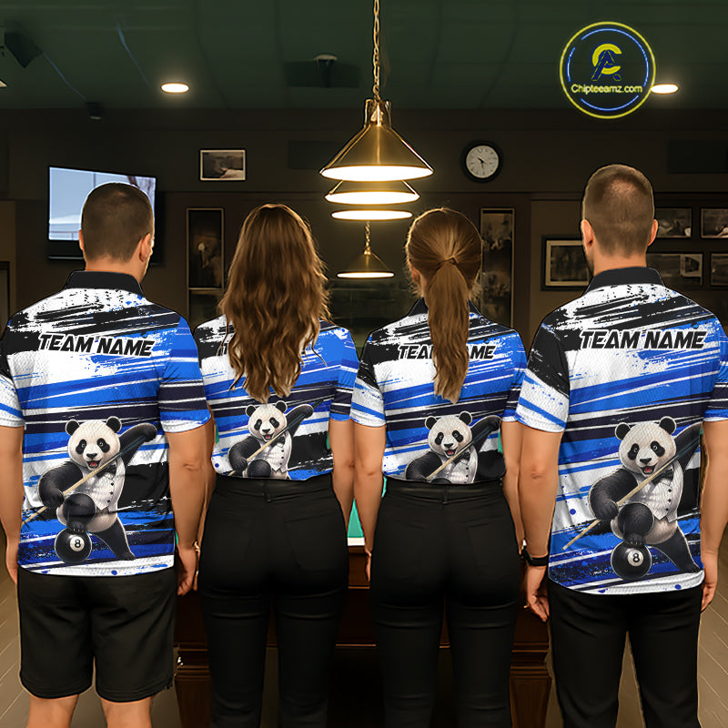 Four people wearing matching jerseys with panda graphics and text in a pool hall.