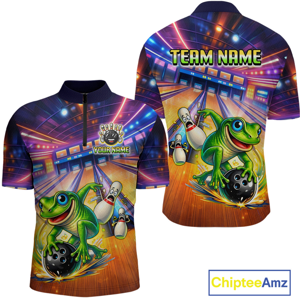 Custom Funny Frog Bowling Shirt for Men Polo & 1/4-Zip Bowling Team Jersey League QZT843